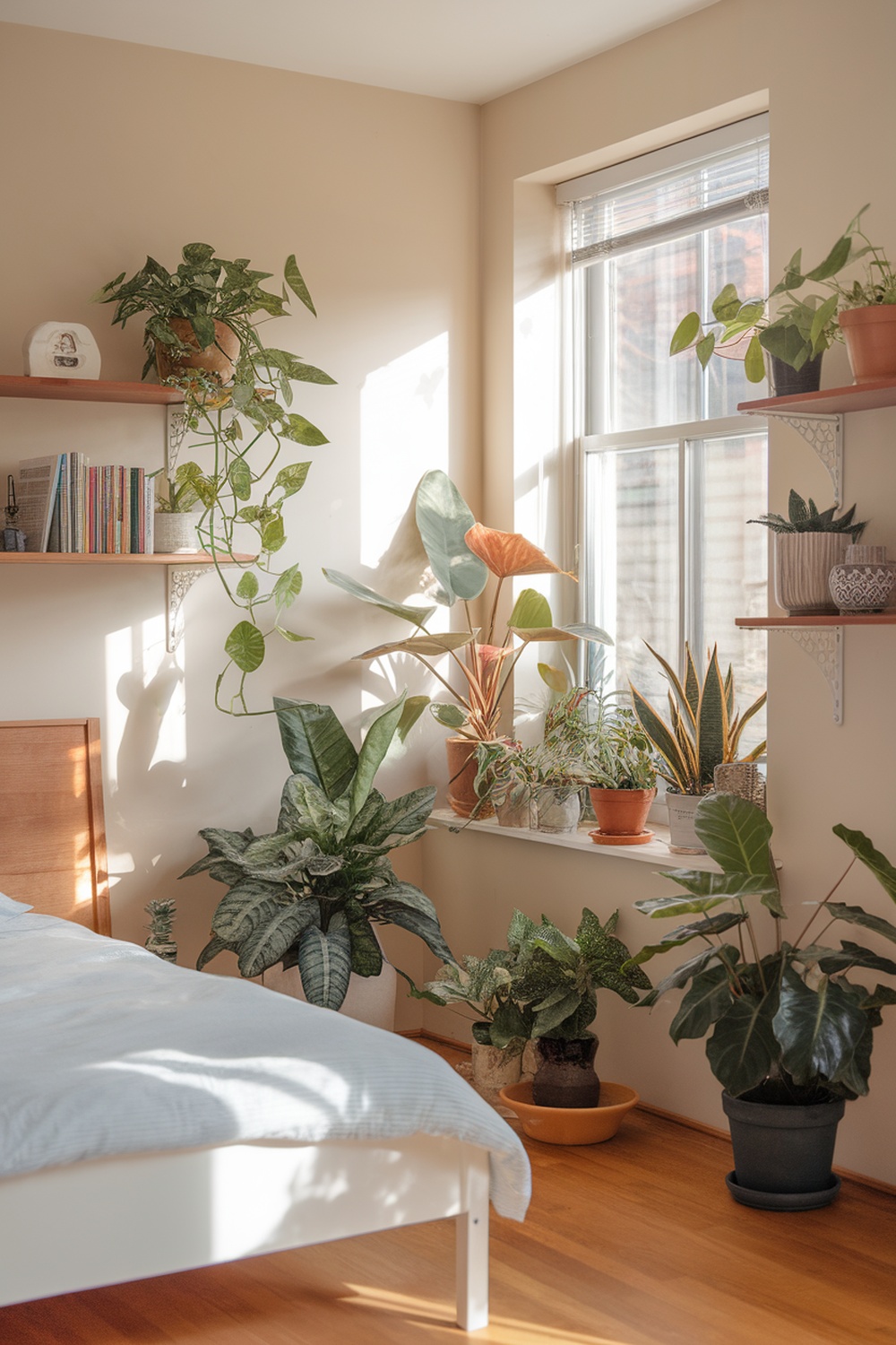 A cozy bedroom filled with various plants, showcasing a vibrant and inviting atmosphere.