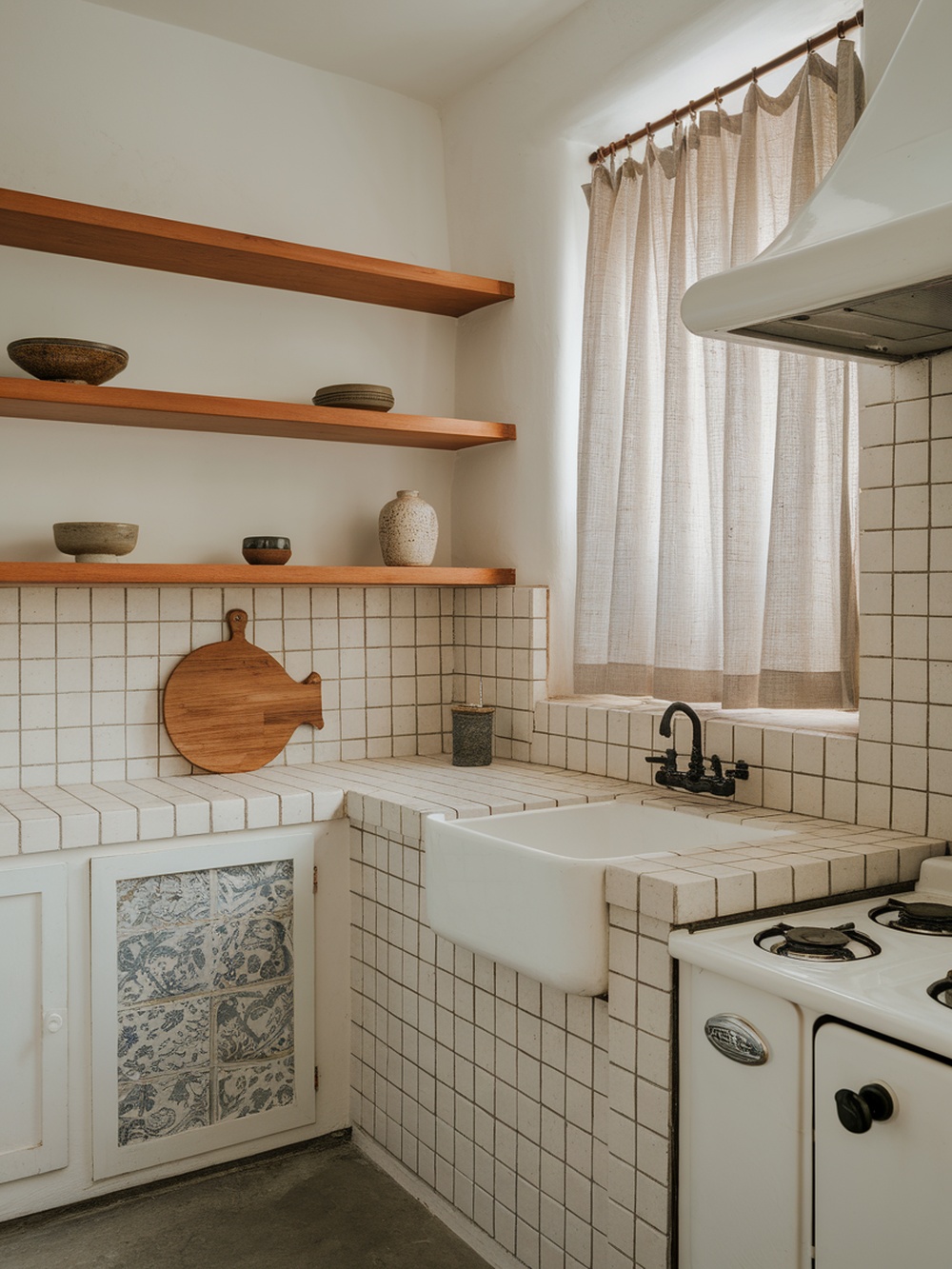 A small kitchen featuring wooden shelves, tiled backsplash, and soft curtains, showcasing layered textures.