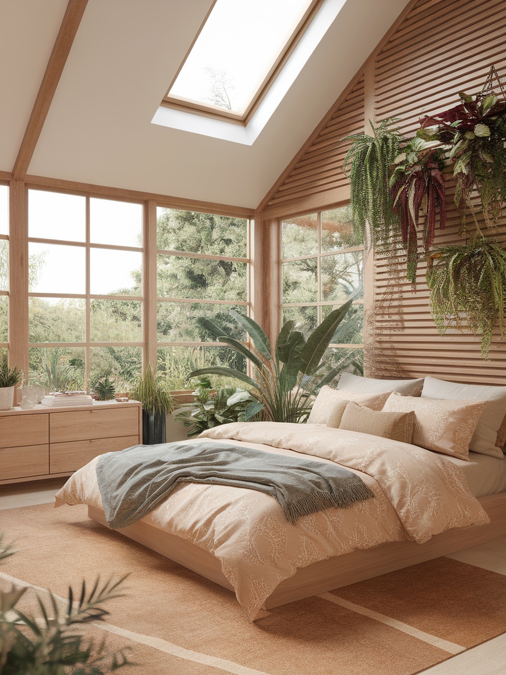 A serene outdoor-inspired bedroom featuring large windows, wooden accents, and lush plants.