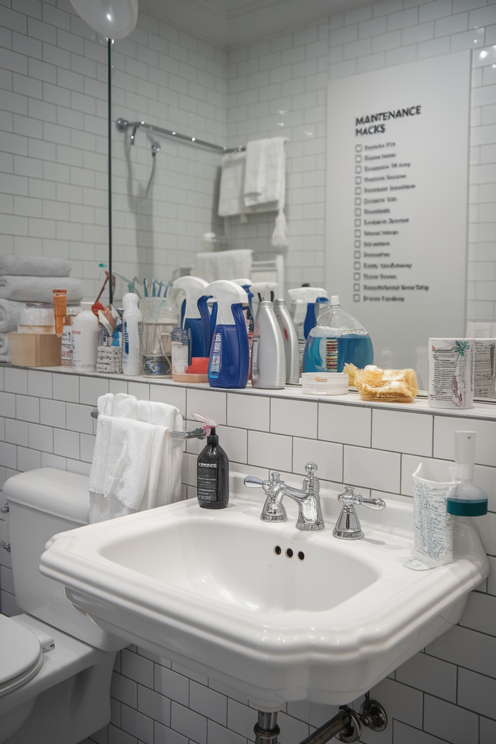 A bathroom sink area with cleaning supplies and a checklist of maintenance hacks on the wall.