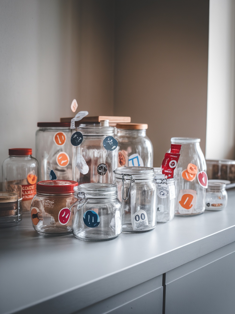 A collection of glass jars with various stickers and labels on a kitchen countertop.