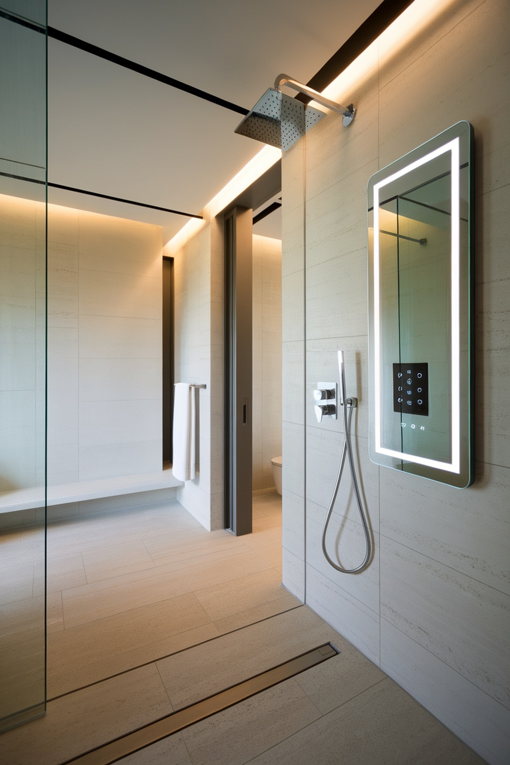 Modern bathroom featuring smart technology with a high-tech shower and smart mirror.