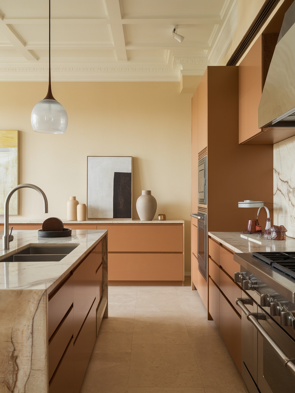 A modern kitchen featuring stylish statement lighting and warm cabinetry.