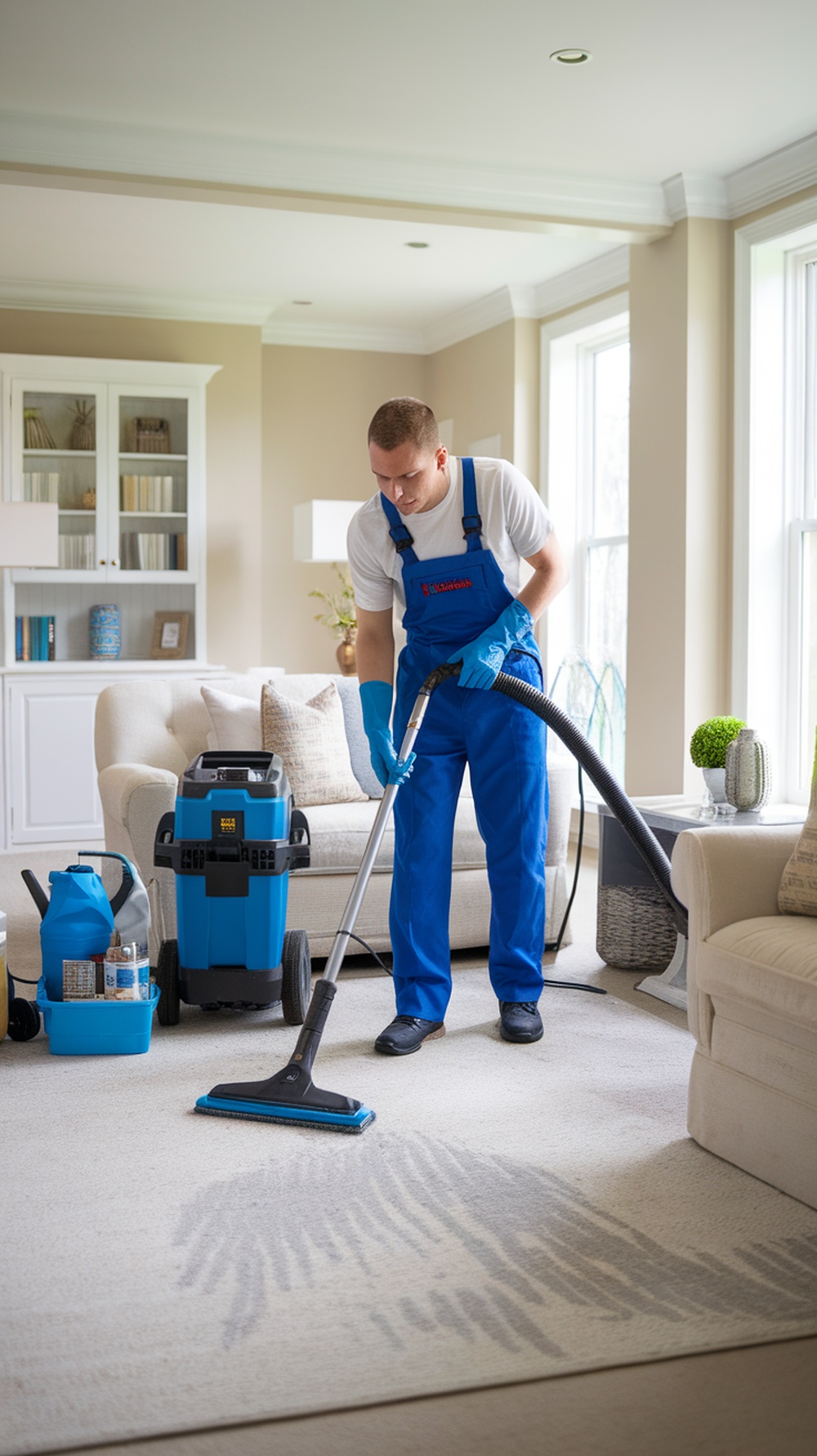 A professional cleaner using specialized equipment to clean a rug in a bright living room.