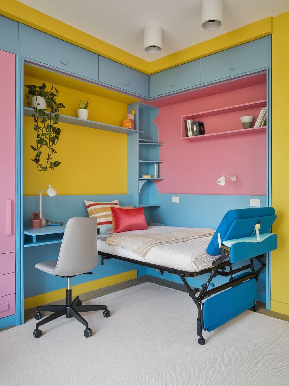 A colorful bedroom featuring foldable furniture, including a bed that converts into a compact form, a desk, and shelves.