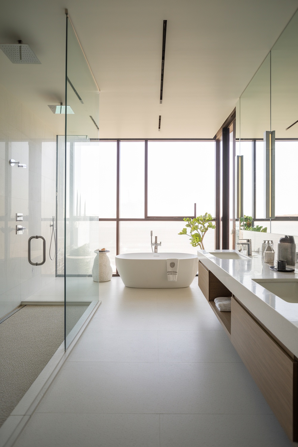 A modern open concept bathroom with large windows, a freestanding tub, and a spacious shower area.
