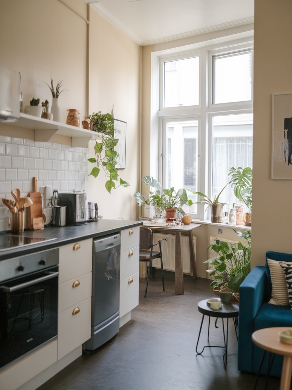 A cozy open kitchen with natural light, plants, and minimalistic design.