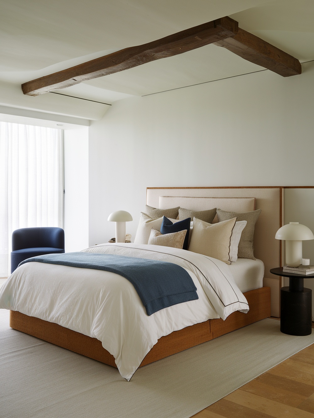 A beautifully layered bed with white bedding, a blue throw, and assorted pillows in a minimalist bedroom setting.