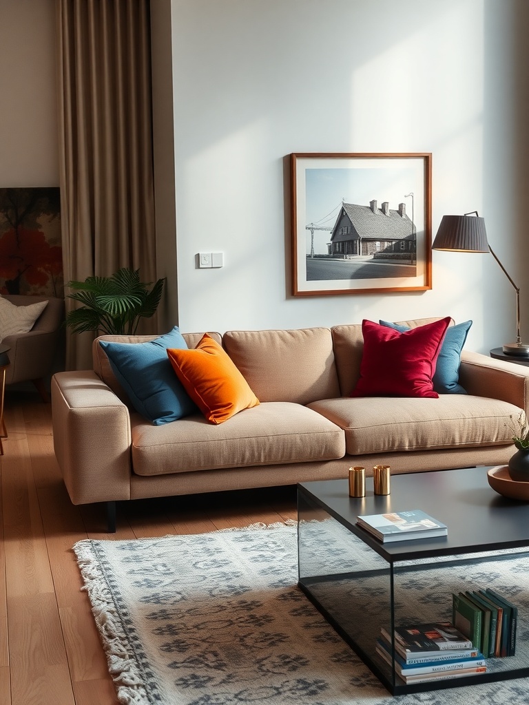 A stylish living room featuring a Benchmade Modern sofa with colorful cushions and a glass coffee table.
