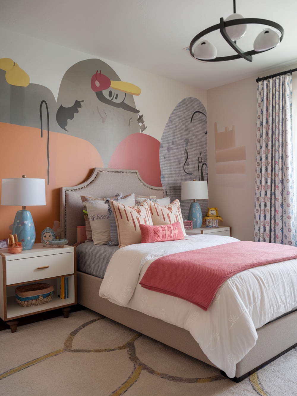 A themed bedroom with a colorful mural, cozy bedding, and playful decor.
