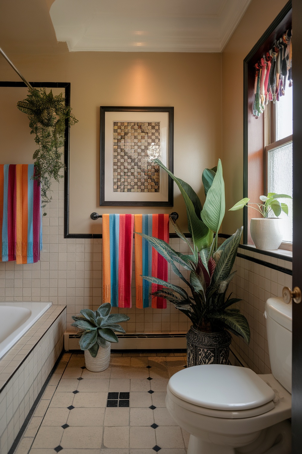 A colorful bathroom featuring vibrant towels, plants, and artwork, showcasing personal touches in interior design.