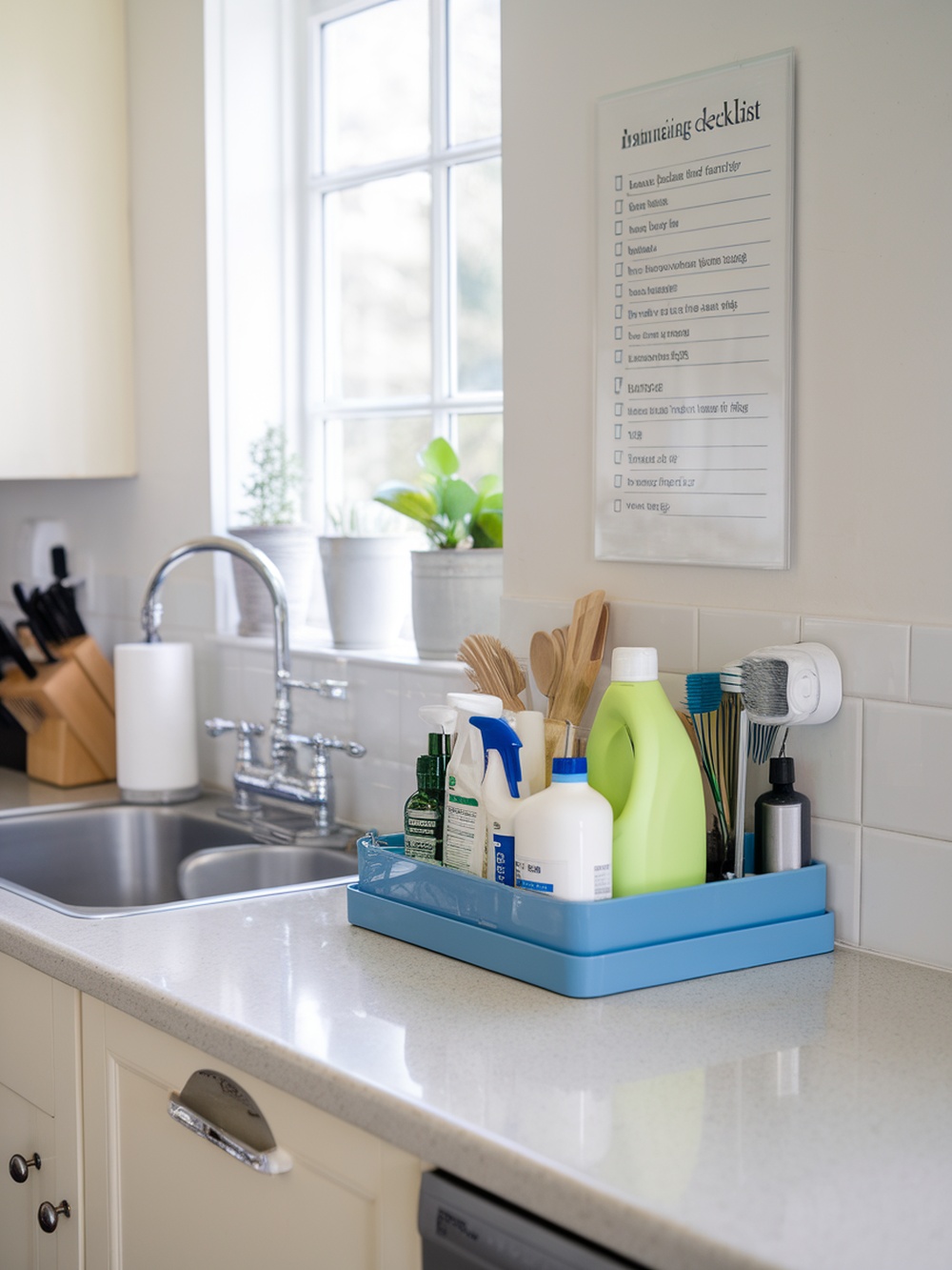 A clean kitchen countertop with a blue tray holding cleaning supplies and a checklist on the wall.