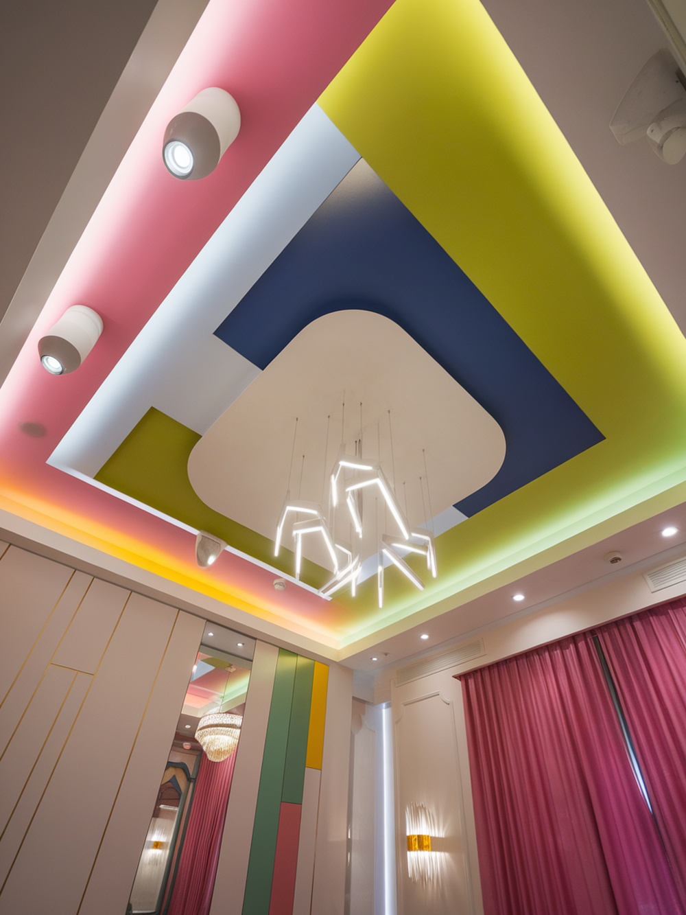 Color blocked ceiling design in a modern bedroom featuring pink, green, blue, and yellow sections with a stylish chandelier.