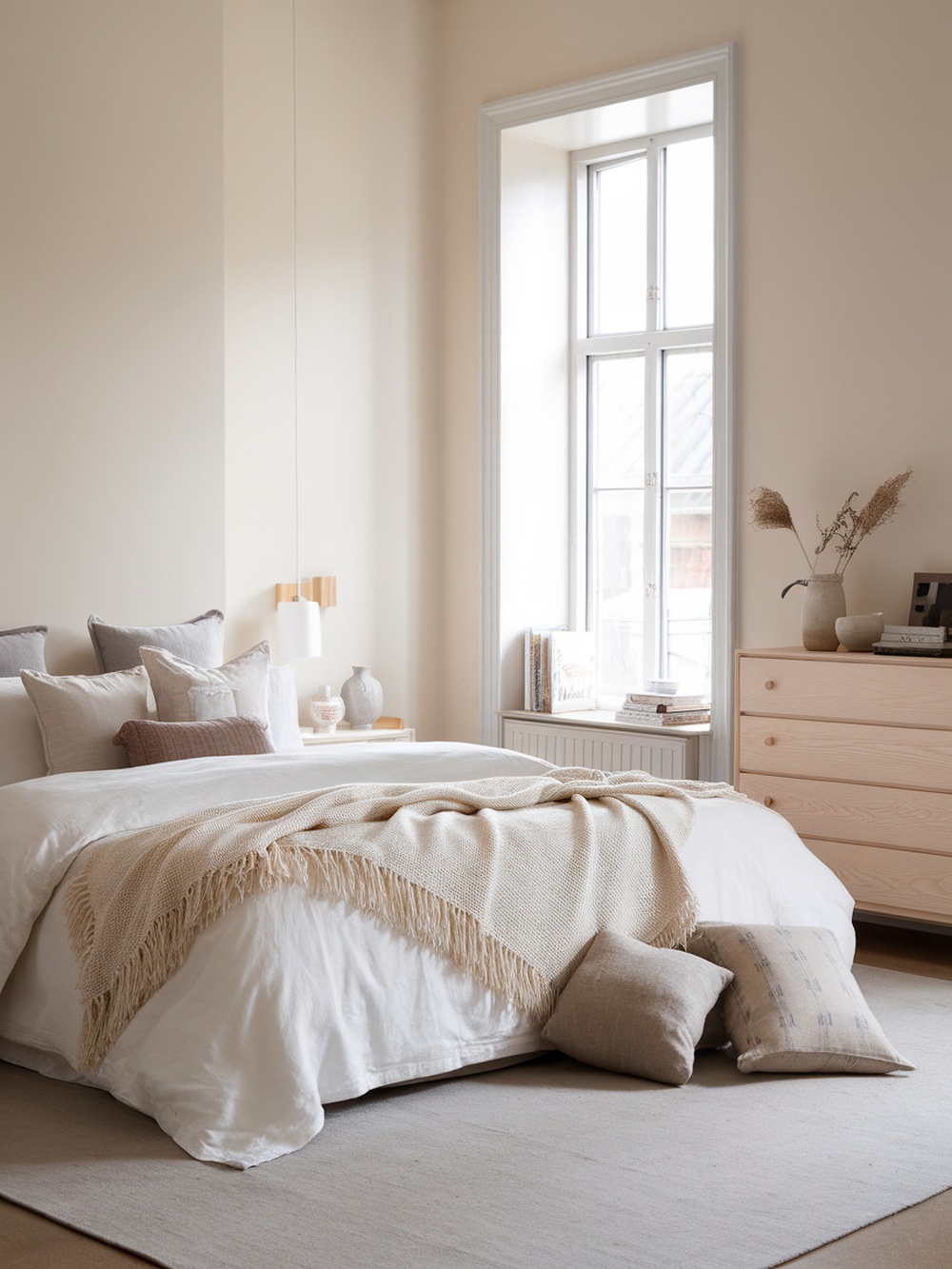A serene Scandinavian bedroom with neutral colors, cozy bedding, and natural light.