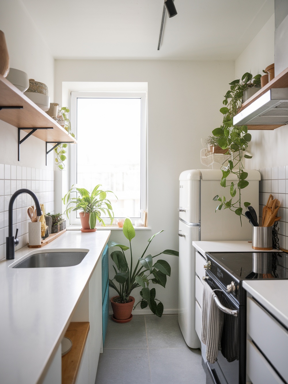 A small, eco-friendly kitchen featuring plants, open shelving, and energy-efficient appliances.