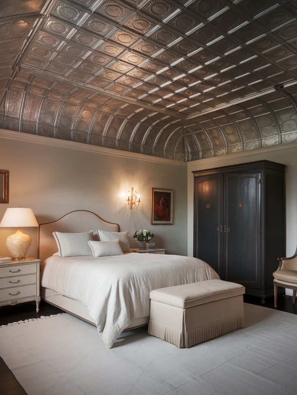 A bedroom featuring vintage tin tiles on the ceiling, with a cozy bed and elegant decor.