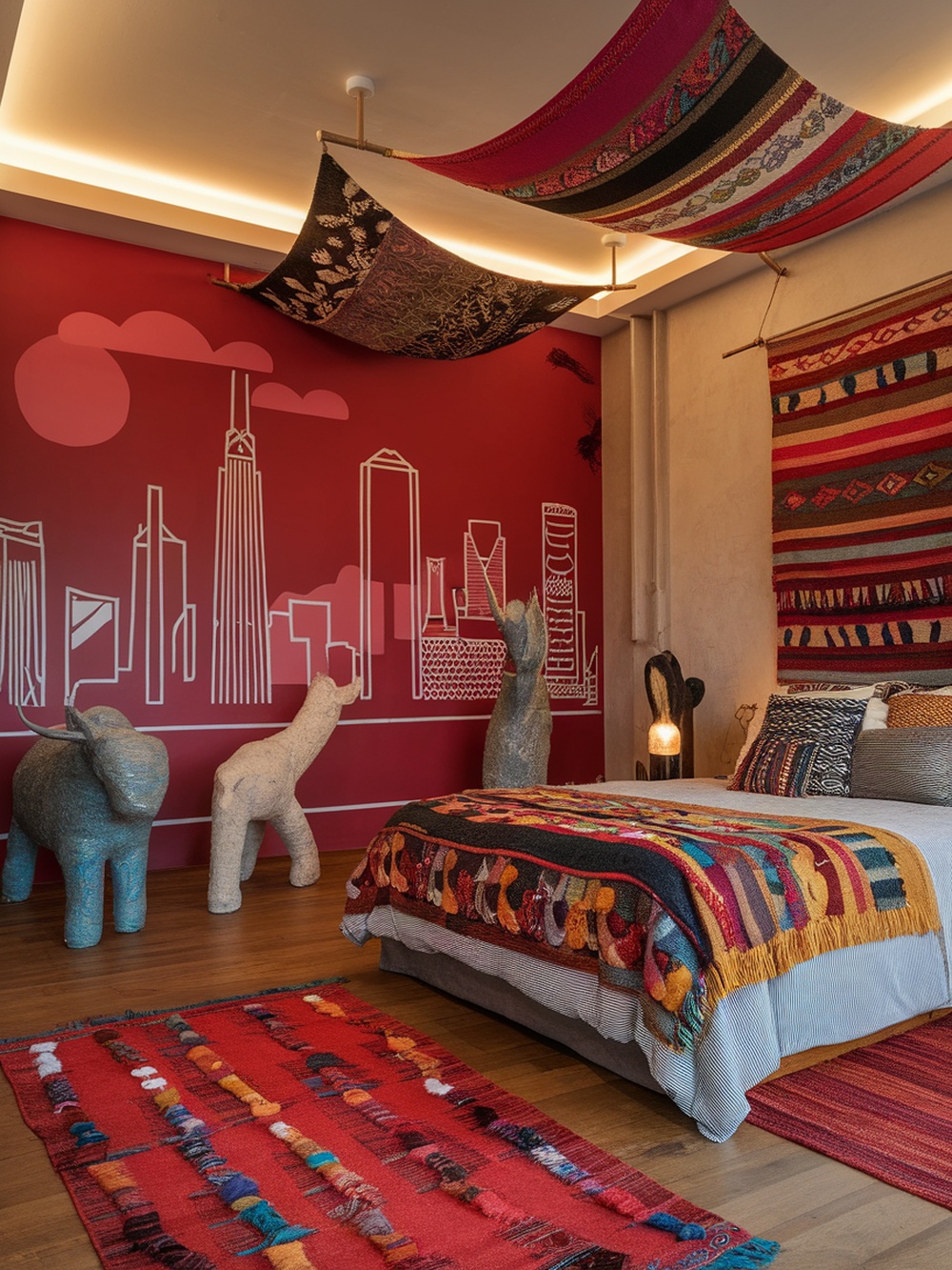A vibrant bedroom featuring artistic elements like colorful textiles, sculptures, and a bold red wall with a skyline design.