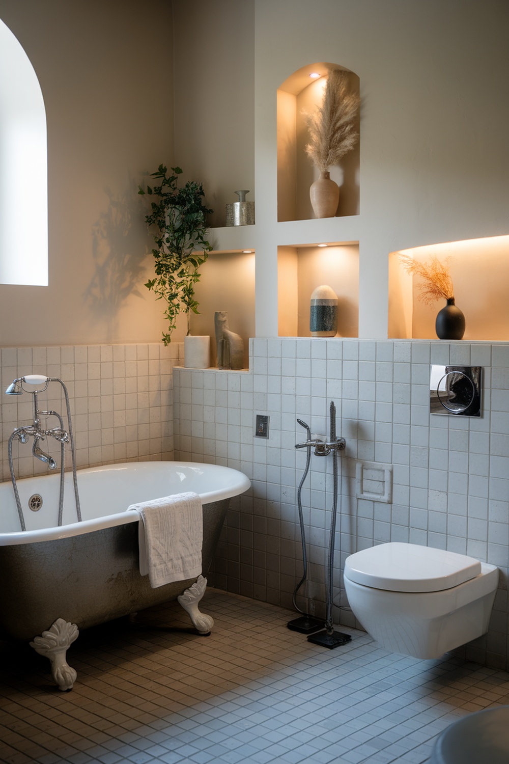 A vintage-inspired bathroom featuring a clawfoot tub, modern fixtures, and warm lighting.