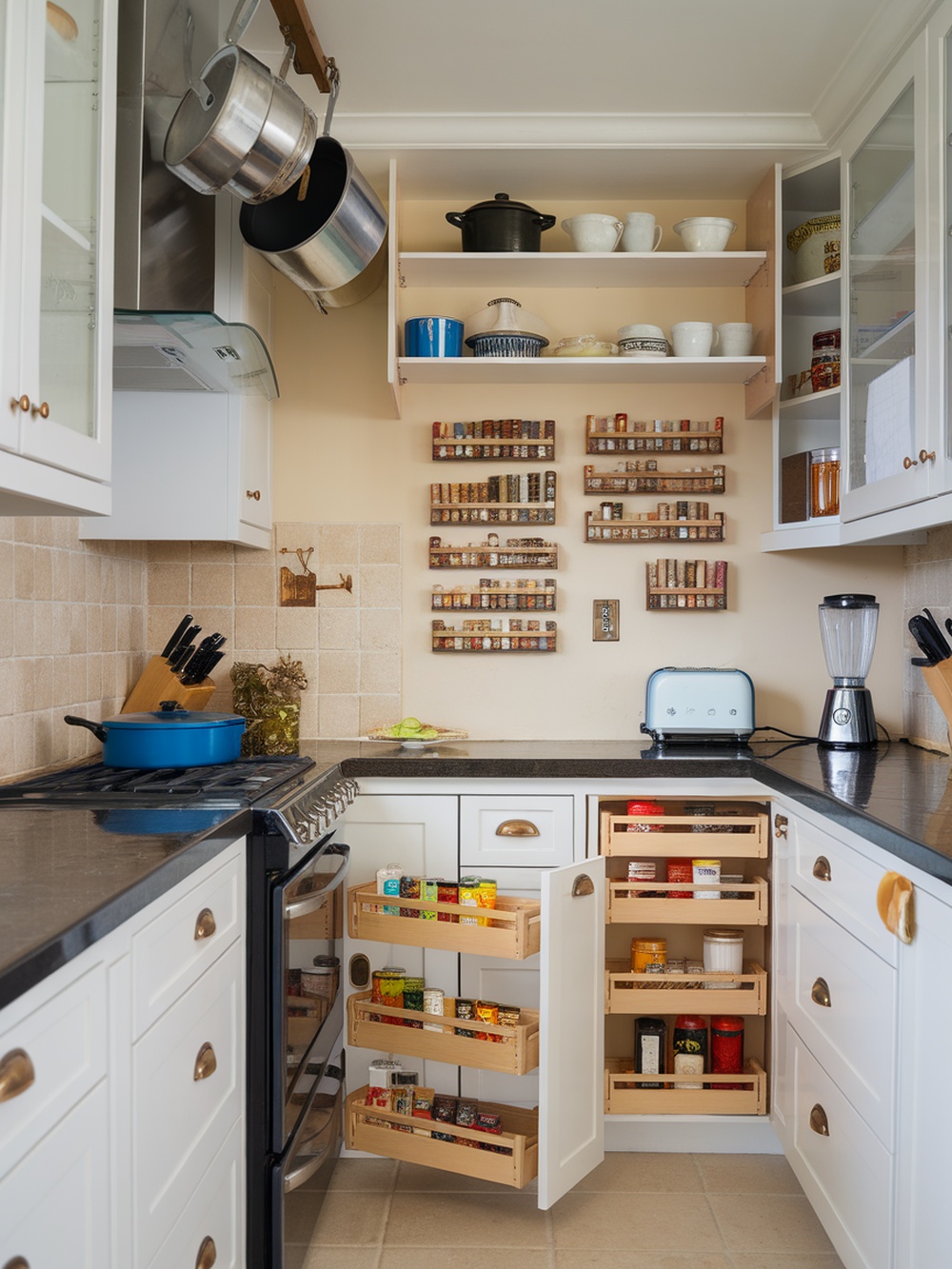 A small kitchen featuring clever storage solutions, including open shelves, pull-out drawers, and a hanging pot rack.