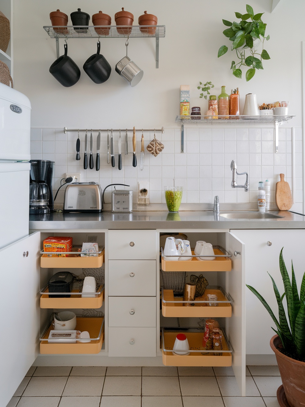 A well-organized small kitchen with shelves, drawers, and wall-mounted racks for efficient storage.