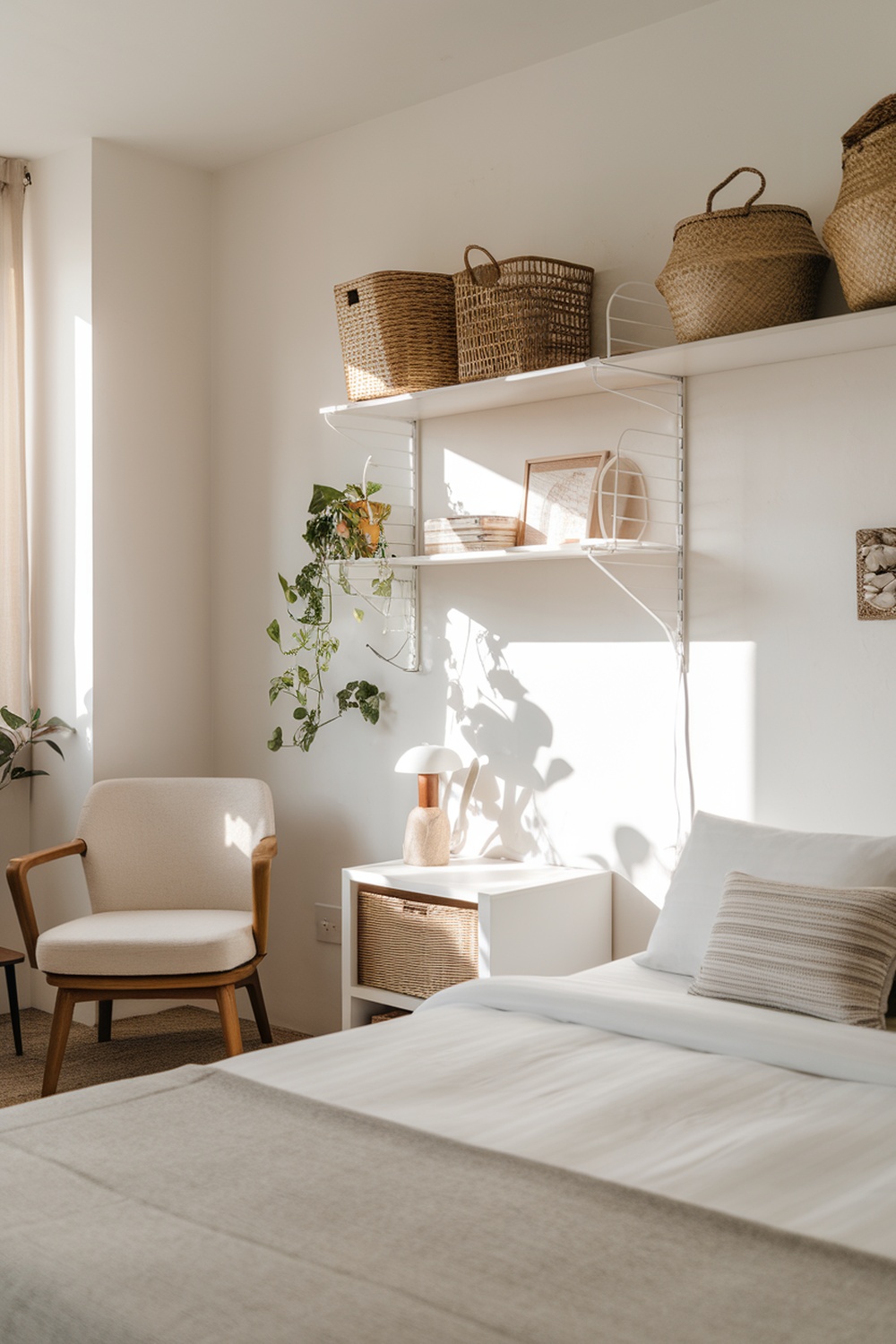A bright and tidy bedroom with a neatly made bed, a cozy chair, and organized shelves with baskets.