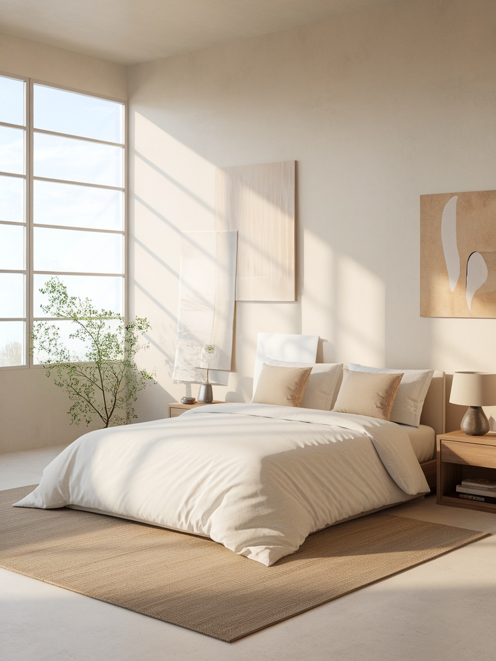 A minimalist bedroom featuring a large bed with neutral bedding, natural light streaming through large windows, and simple decor.