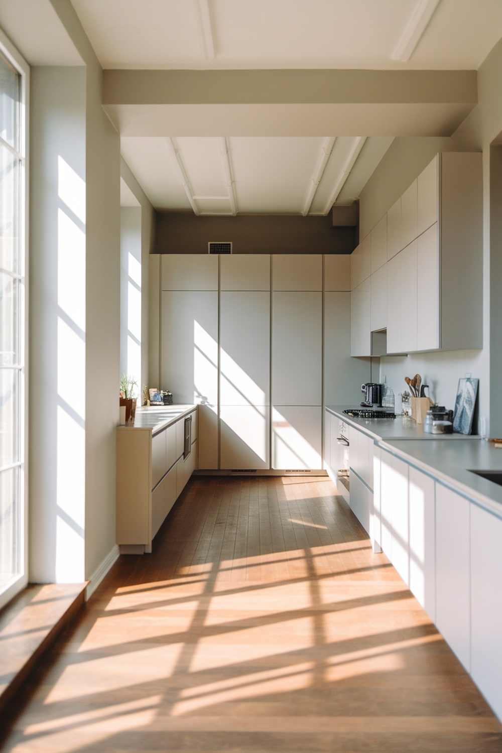 A modern minimalist kitchen with clean lines, open space, and natural light.