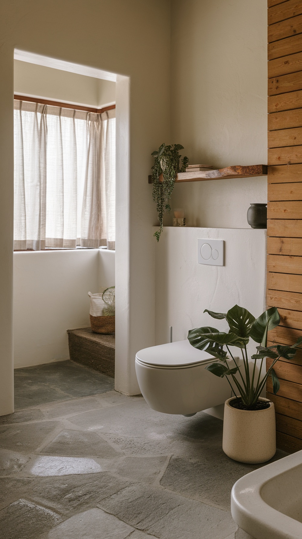 A serene bathroom featuring natural elements like stone flooring, wooden accents, and plants.