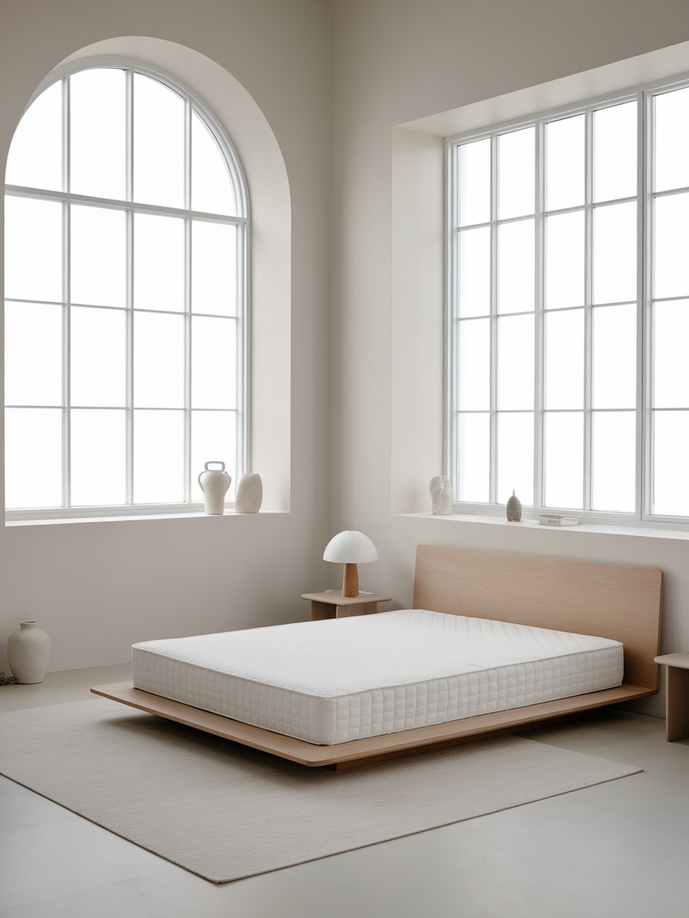 A minimalist bedroom featuring a low-profile bed, large windows, and simple decor.