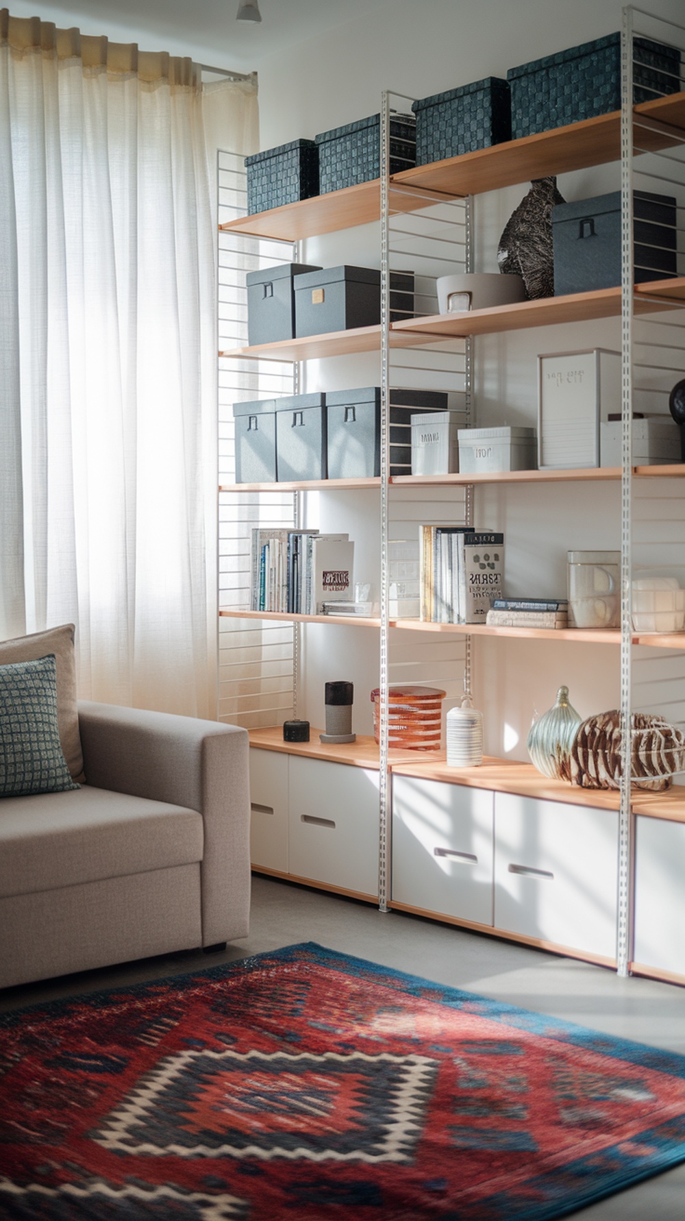 A stylish living room featuring an Ikea Kallax shelving unit, a cozy sofa, and a colorful area rug.
