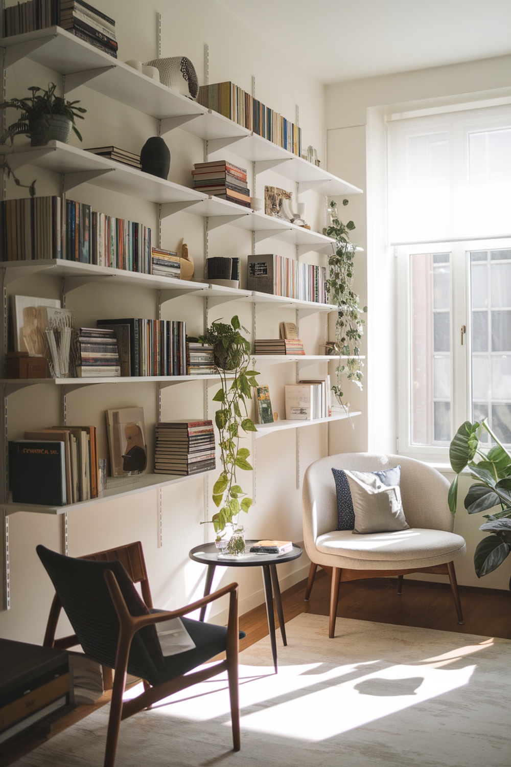A cozy living room with a wall of white shelves filled with books and decorative items, featuring a comfortable chair and a small table.