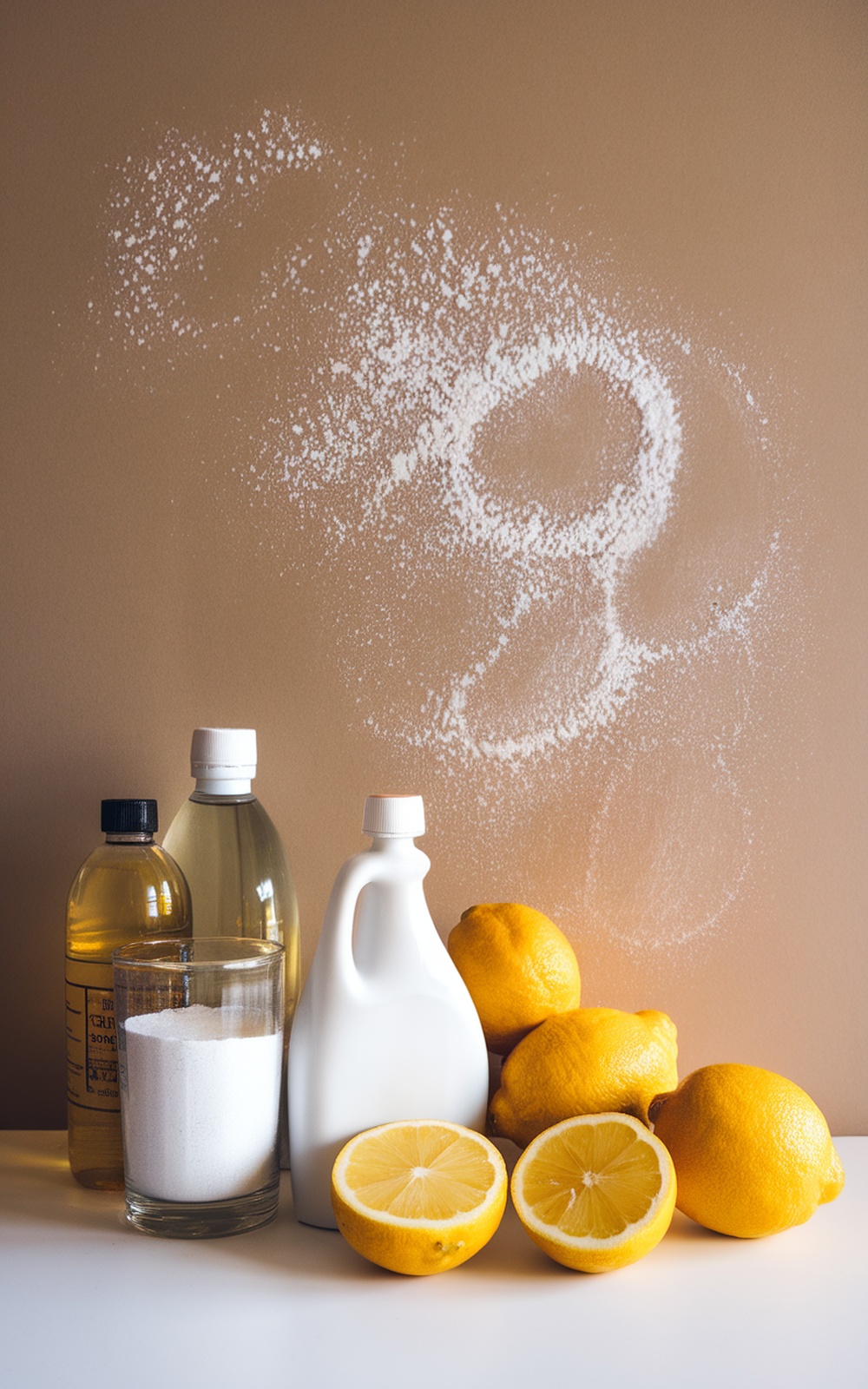 Natural cleaning ingredients including lemons, vinegar, and baking soda for wall cleaning.