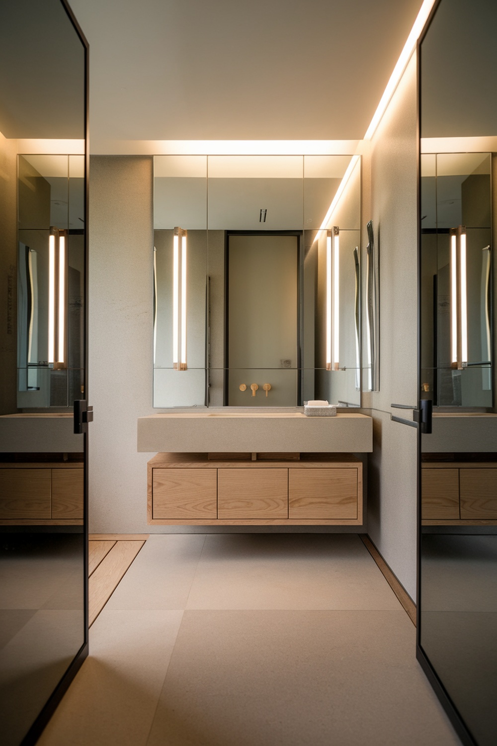A modern bathroom featuring a sleek floating vanity with a smooth countertop and wooden drawers, illuminated by stylish vertical lights.