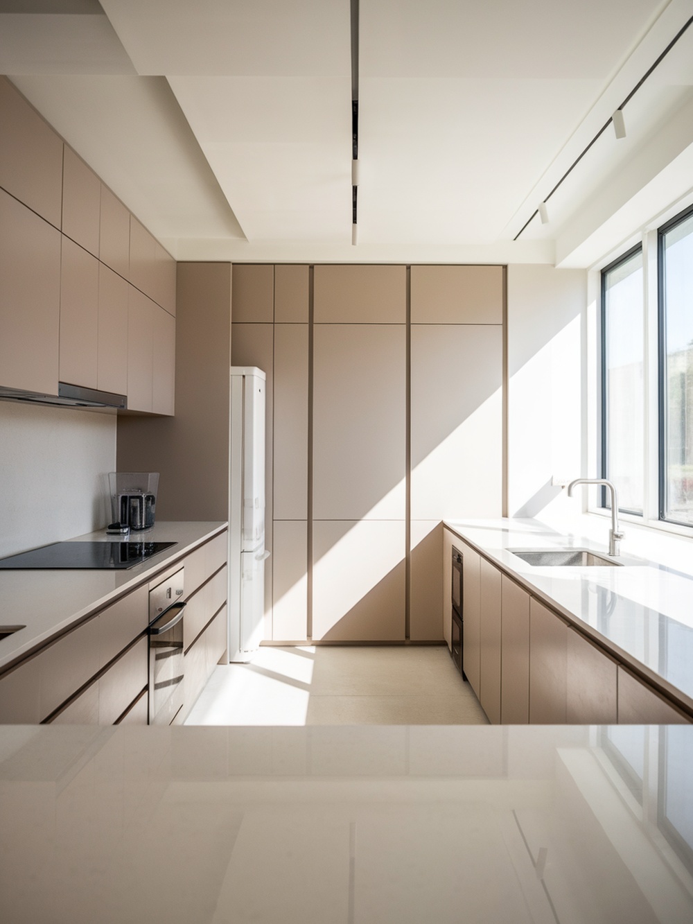 A modern kitchen featuring sleek cabinets in neutral tones with clean lines and ample natural light.