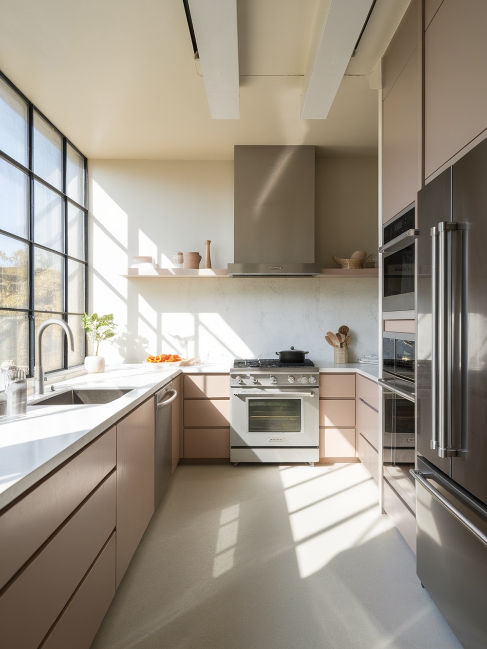 A modern minimalist kitchen featuring sleek cabinetry, large windows, and stainless steel appliances.