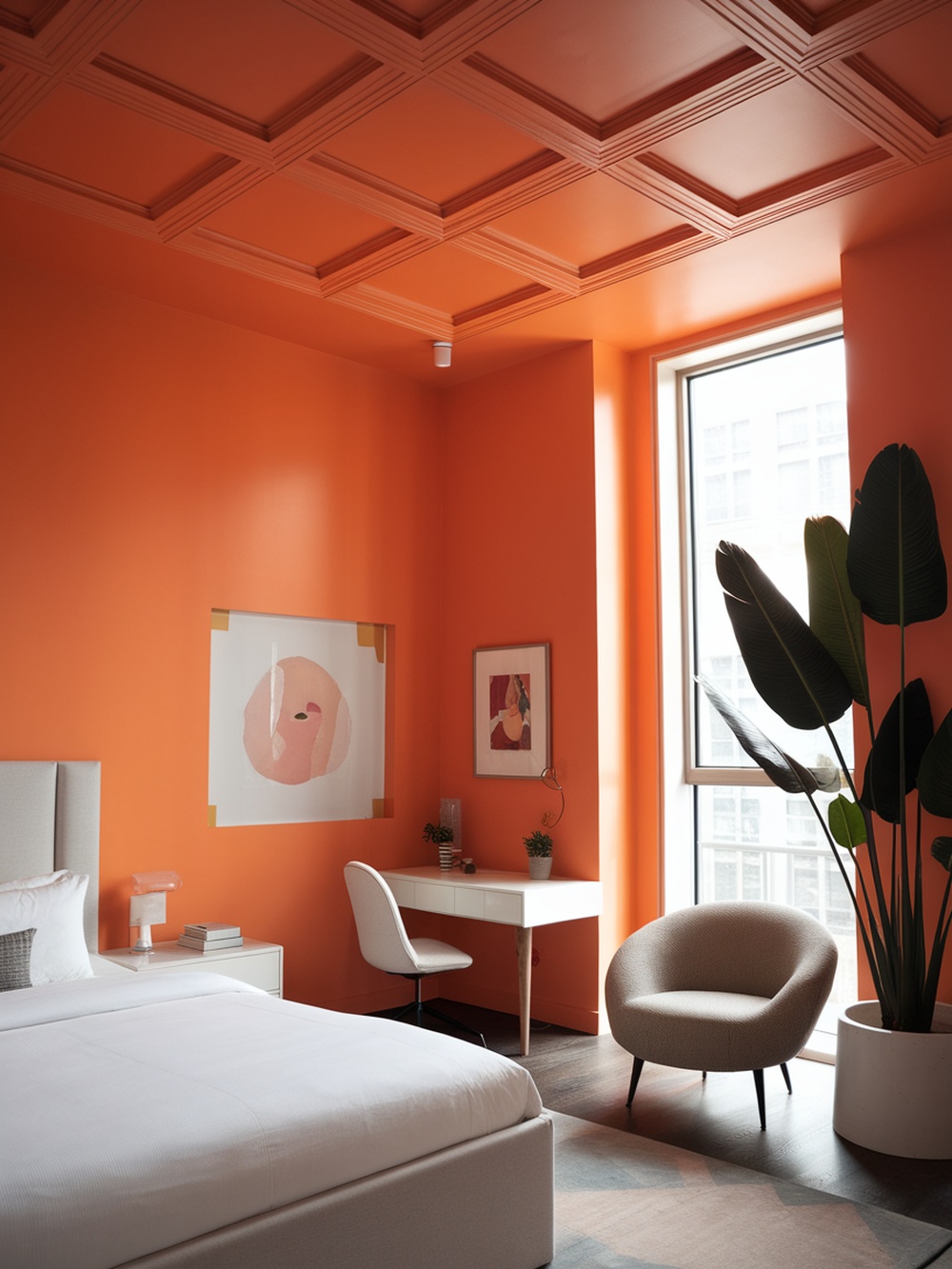 A bedroom with an orange ceiling and walls, featuring a bed, desk, and chair.