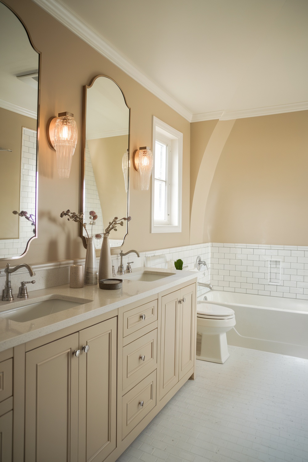 A beautifully lit bathroom featuring stylish wall sconces and a modern vanity.