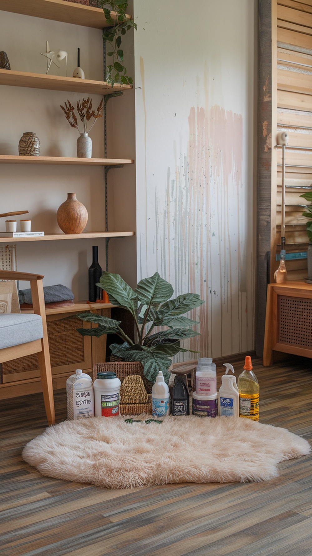 A cozy living space featuring a fluffy rug surrounded by various cleaning supplies like vinegar, baking soda, and dish soap.
