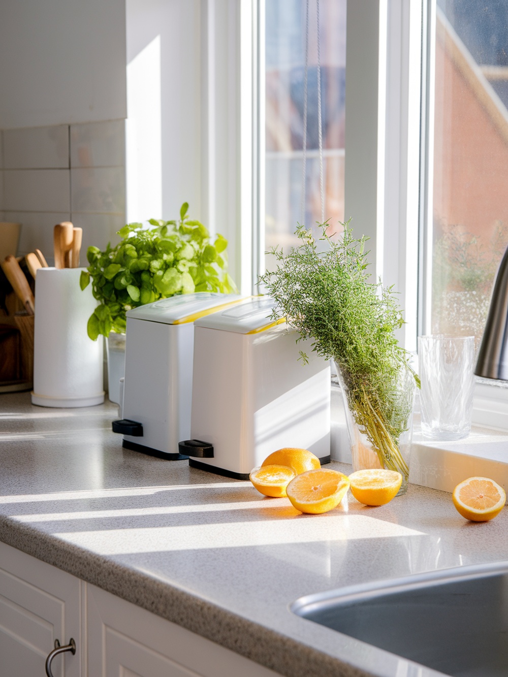 A clean kitchen with lemons and herbs on the counter, highlighting freshness and cleanliness.