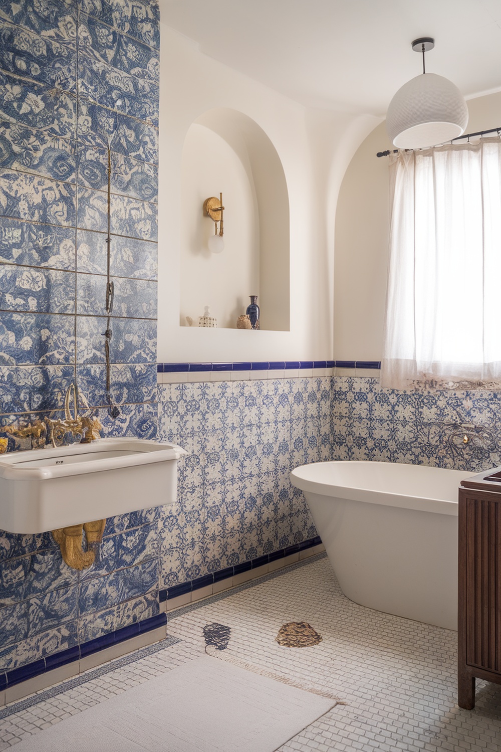 A beautifully decorated bathroom featuring blue and white patterned tiles, a white bathtub, and elegant fixtures.
