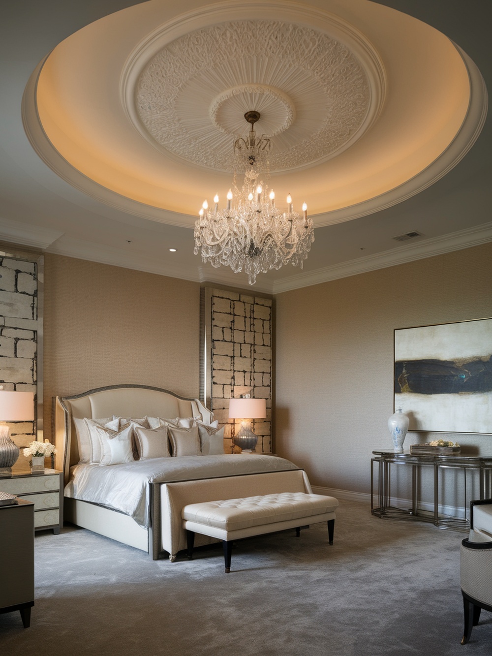 A luxurious bedroom featuring an elegant chandelier and detailed ceiling design.