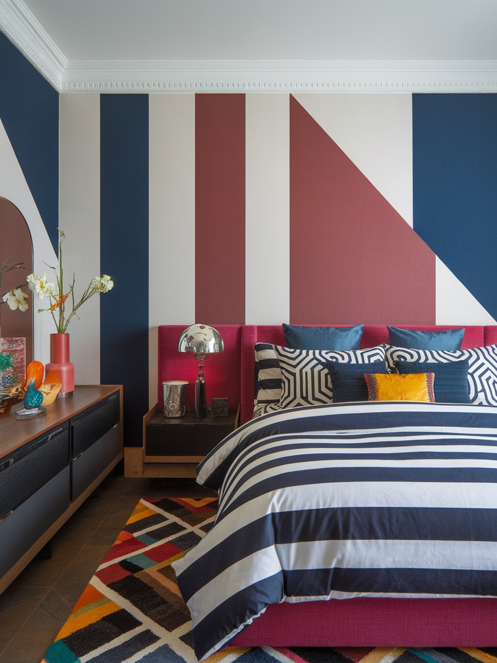 A modern bedroom featuring geometric patterns on the walls and bedding, showcasing a vibrant and stylish design.