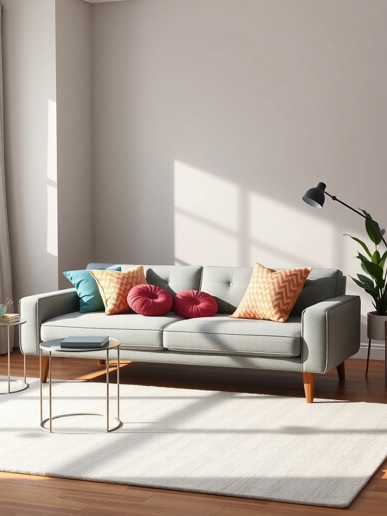 Dhp Emily Sofa Bed with colorful pillows in a bright living room