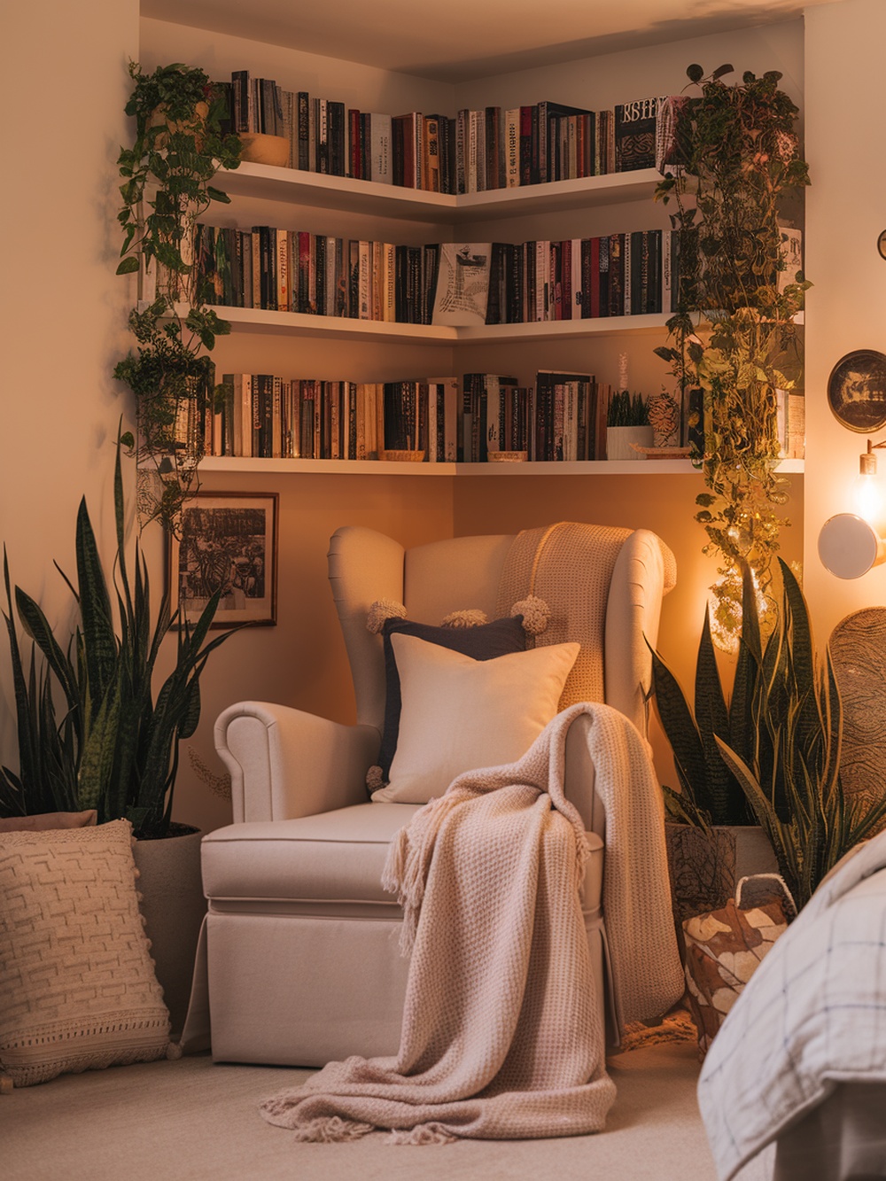 Cozy reading nook with a comfortable chair, bookshelves, and plants