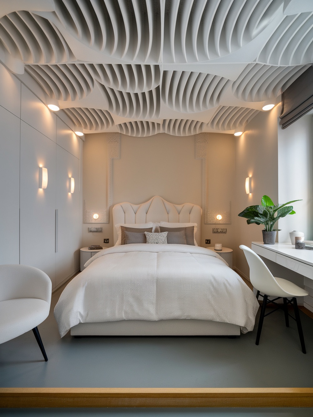 Stylish acoustic ceiling design in a modern bedroom with a bed and minimalist decor.