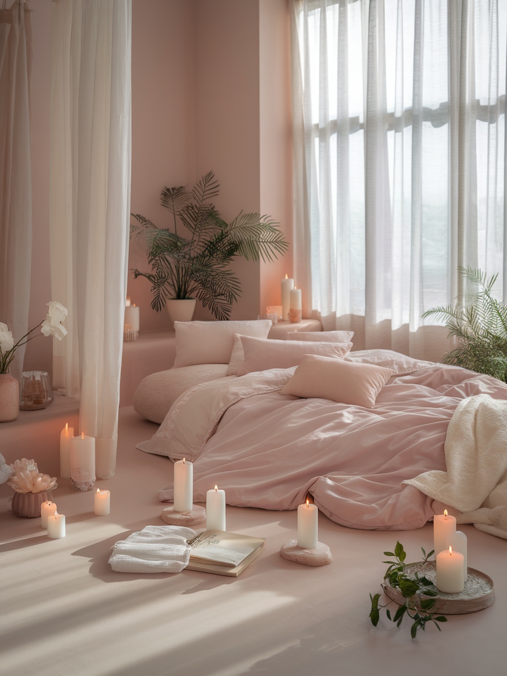 A serene bedroom with soft pink colors, candles, and plants creating a calming atmosphere.