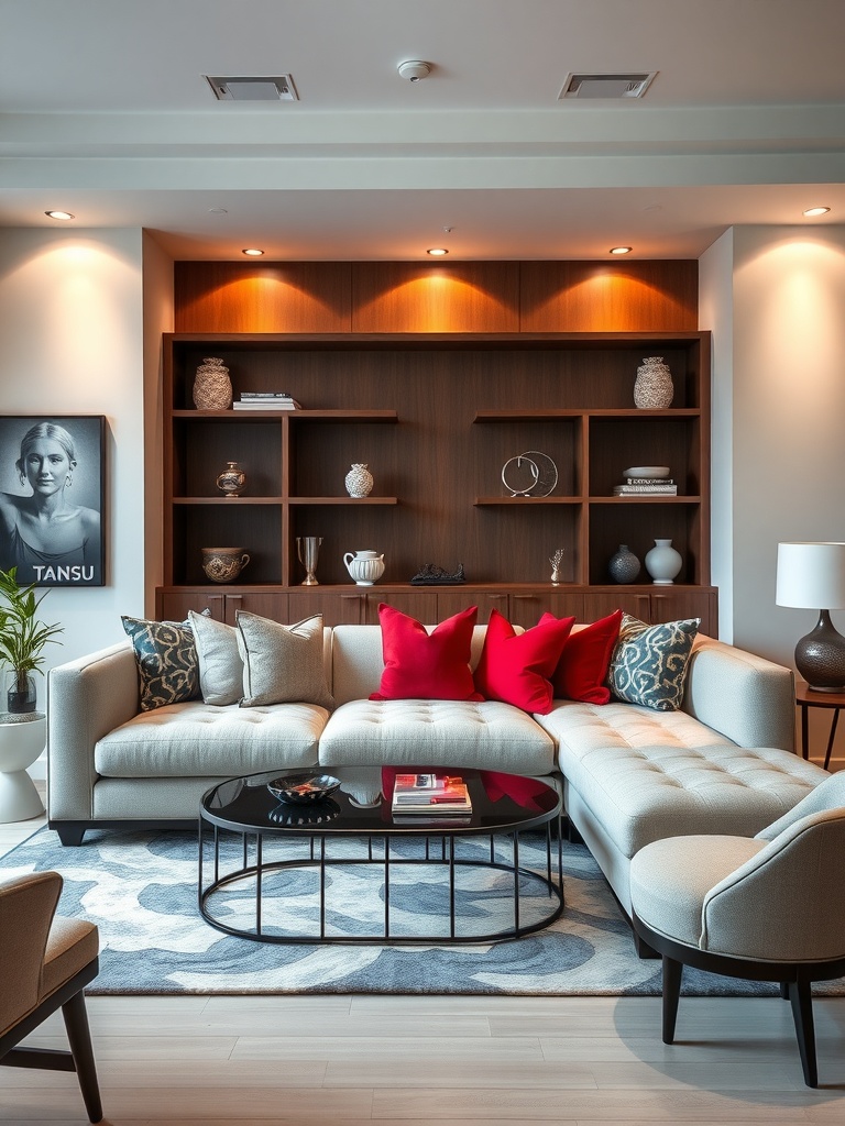 A stylish living room featuring a Tansu Furniture Sofa with red cushions and a round coffee table.