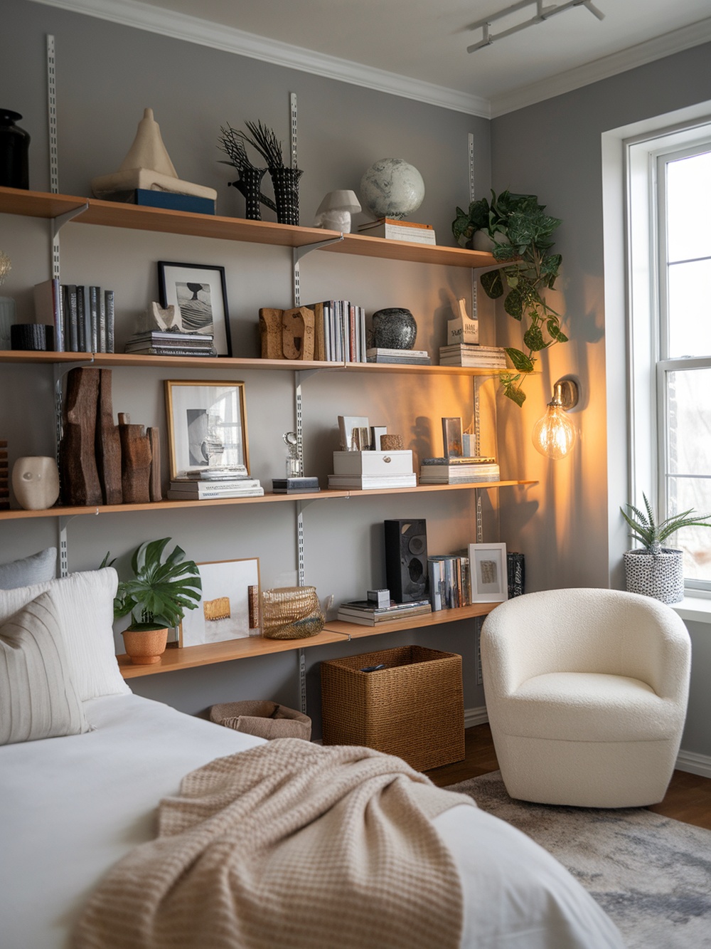 A cozy bedroom featuring open shelving with decorative items, books, and plants.
