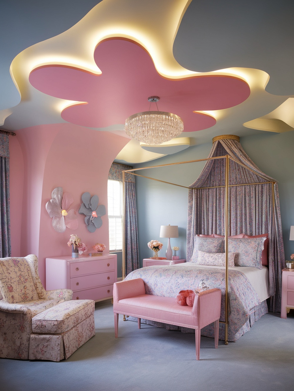 A bedroom with a playful flower-shaped ceiling design in pink and blue, featuring a chandelier and stylish furniture.