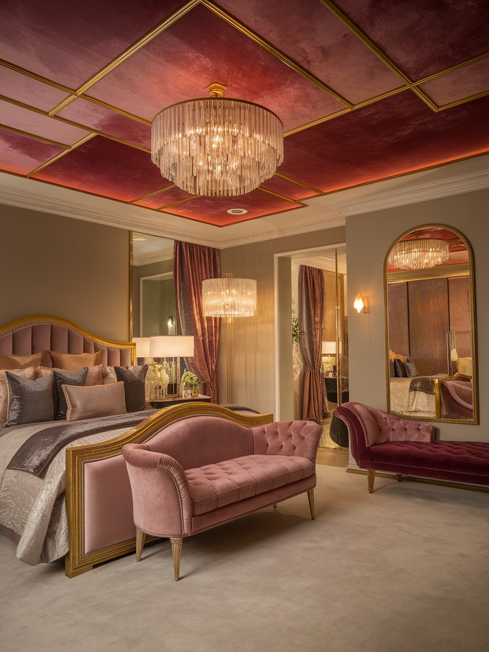 Luxurious bedroom featuring a velvet ceiling in burgundy and pink, with elegant furniture and a chandelier.